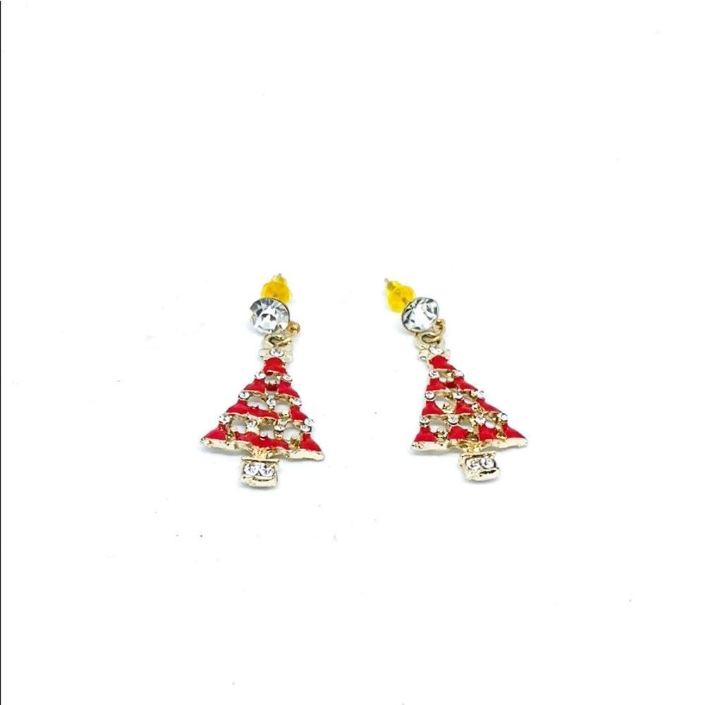 Christmas Tree Red Gold Enamel Rhinestone Earring - Picture 2 of 6